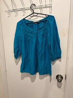 LOFT Teal Blue Smocked Yoke 3/4 Sleeve Peasant Top